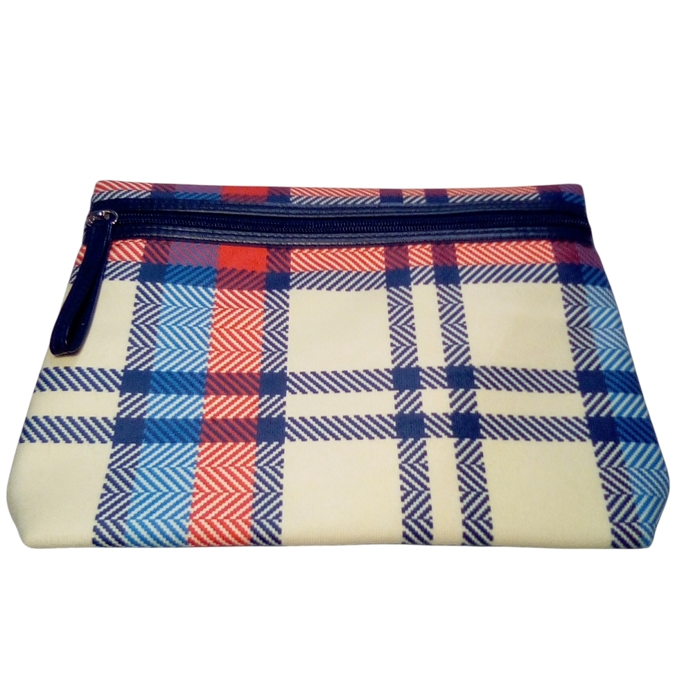 Americana Plaid Cosmetic Pouch Zipper Closure Faux Leather Pull Tag